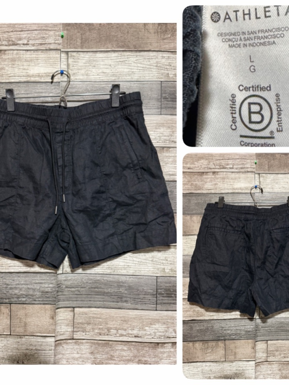 Athleta Cabo 100% Linen 4" Shorts Women’s L Black Zipper Pockets Drawstring